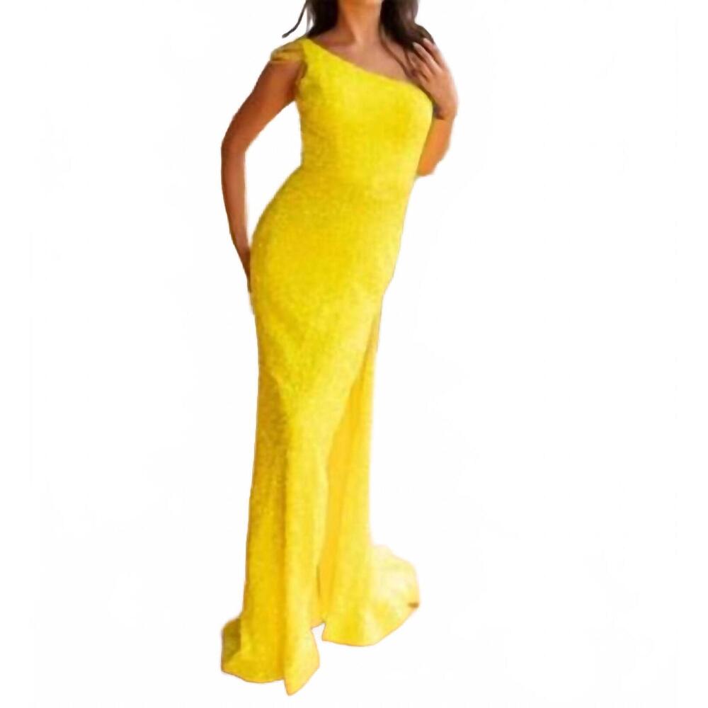 NEW VIENNA PROM one shoulder sequin beaded gown in yellow